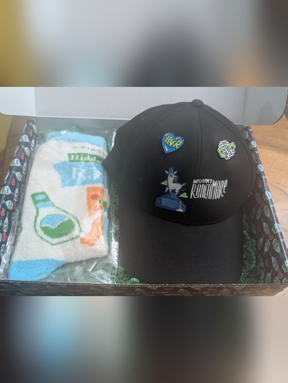 Hidden Valley Ranch Black Baseball Cap with Pins And Fuzzy Socks Brand New